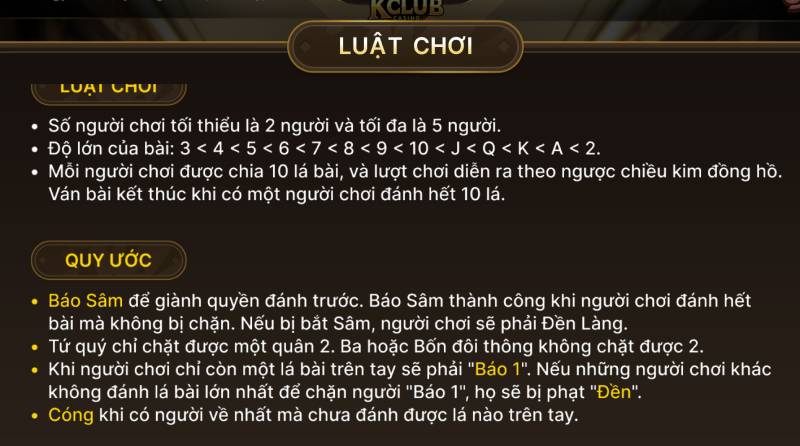 Luật chơi chi tiết của Sâm Kclub