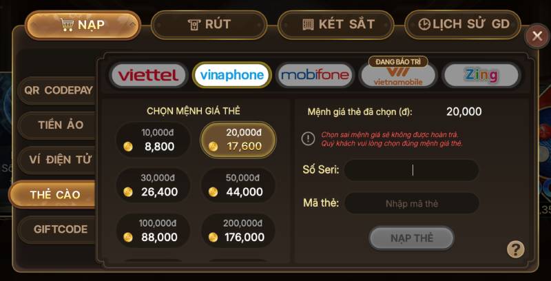 Nạp tiền qua thẻ cào