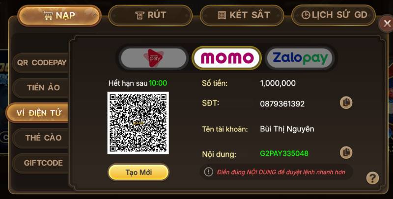 Nạp tiền qua ví điện tử