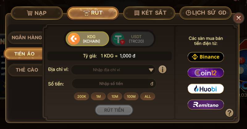 Rút tiền qua tiền ảo (KDG, USDT)